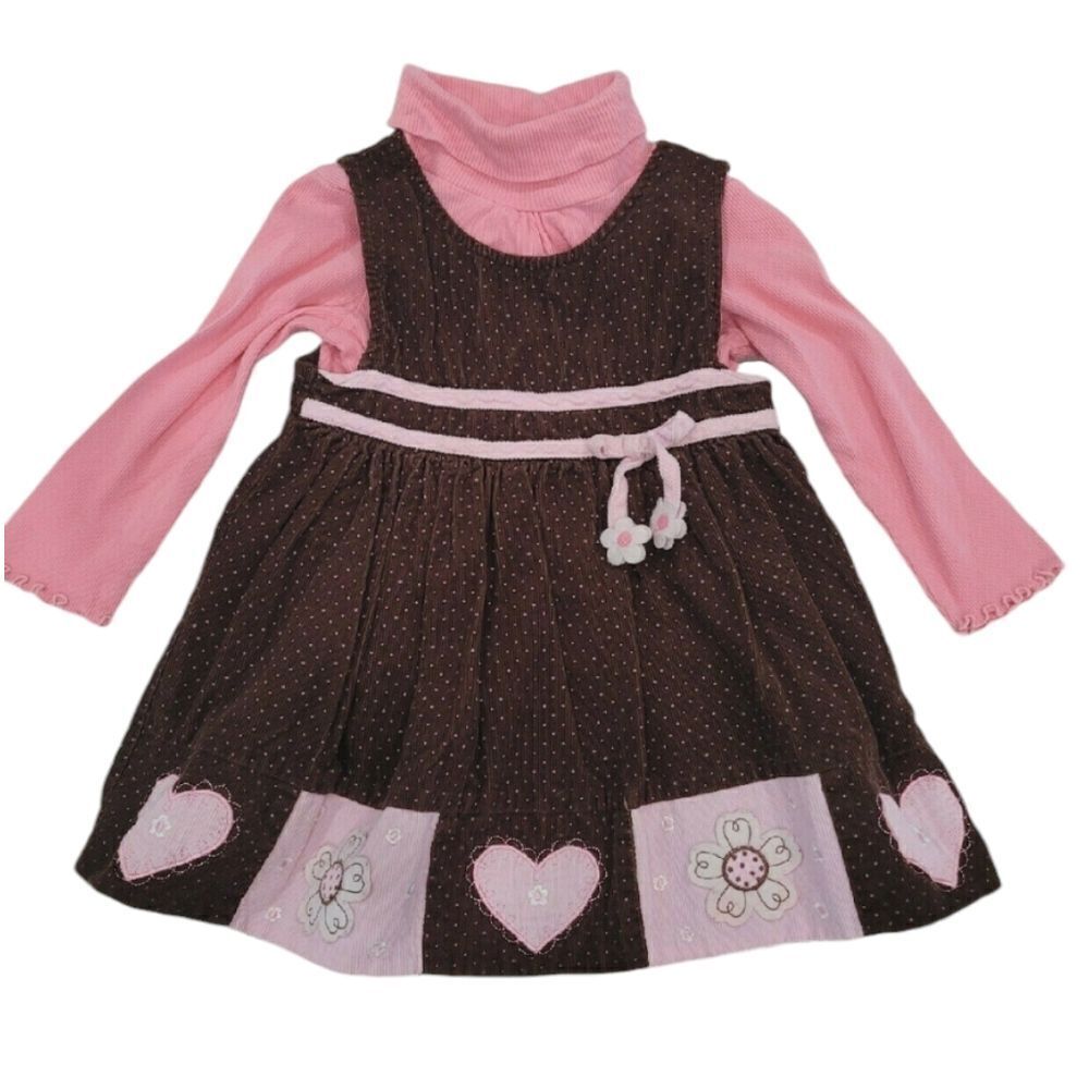 Corduroy overall dress with pink hearts